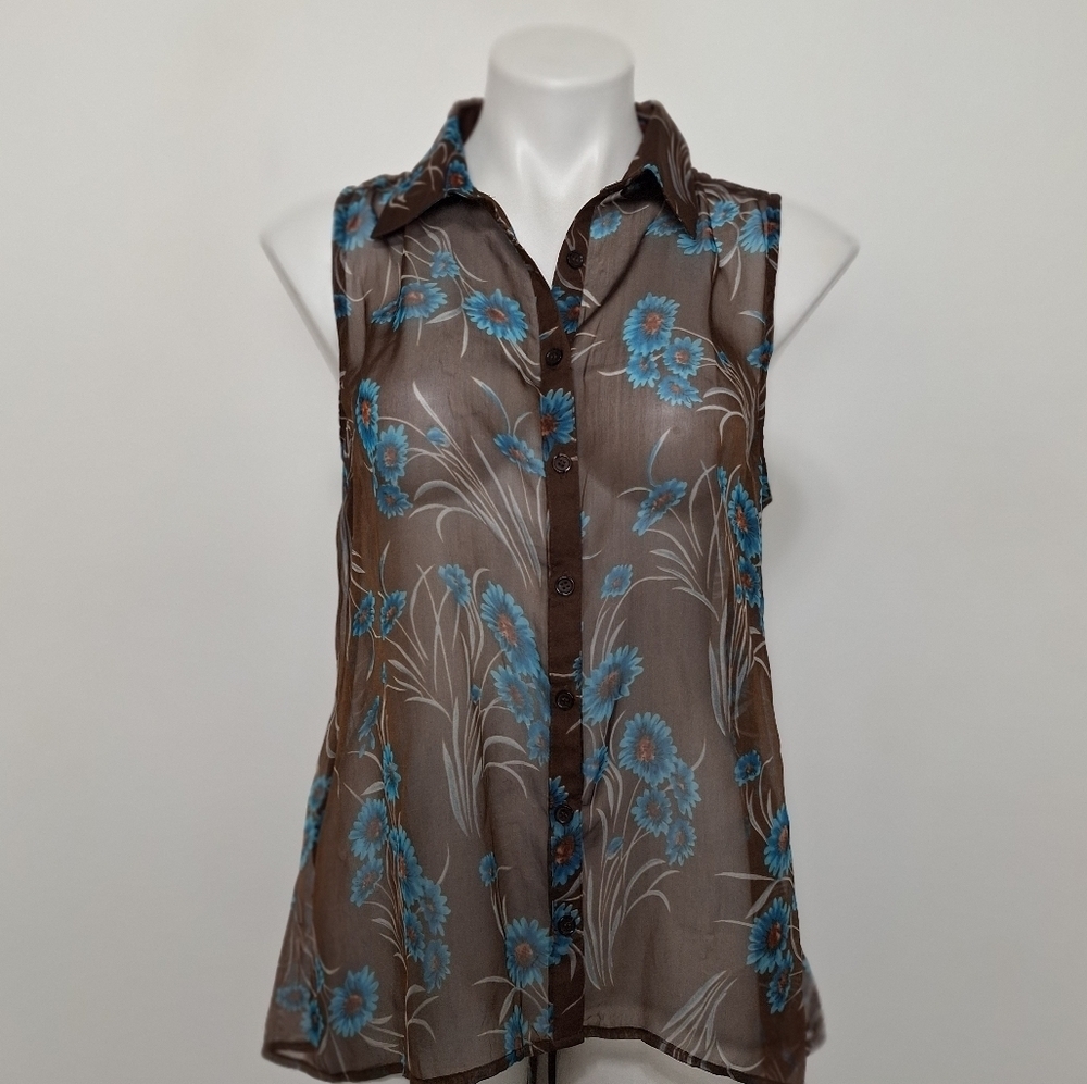 Cecico Sheer Brown Floral Academia Collared Button Down Hi-Lo Hem Top Size L